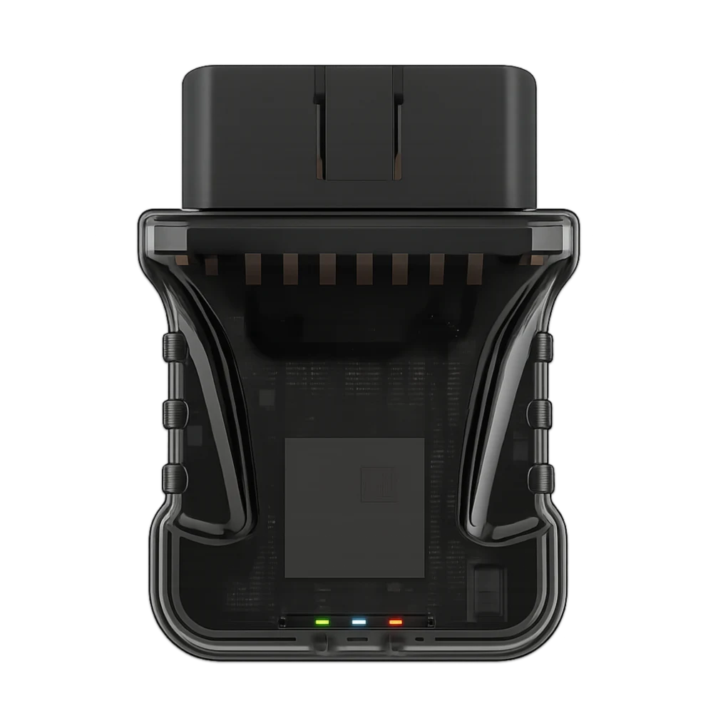 CANsole ECUconnect — top-down view of the OBD-II adapter showing the connector pins and status LEDs