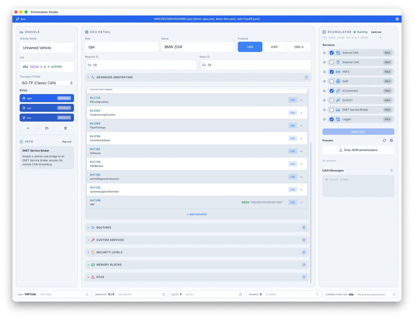CANsole Studio — desktop workspace with vehicle config, ECU detail editor, and a simulator service panel