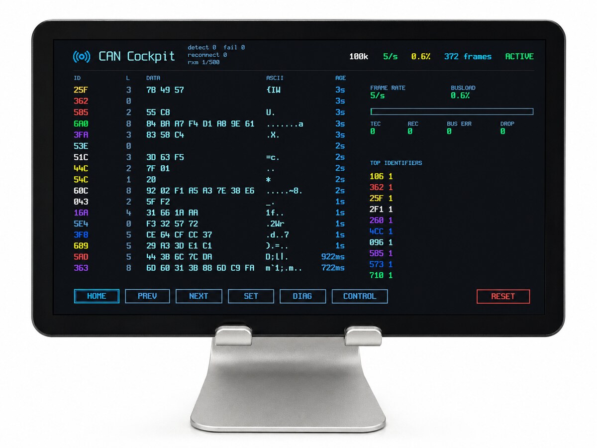 CANsole Touch — 7-inch touchscreen device on a stand showing a CAN Cockpit dashboard