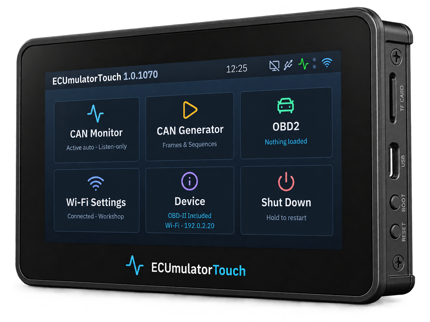 4.3-inch ECUmulator Touch product mockup with its actual Home screen